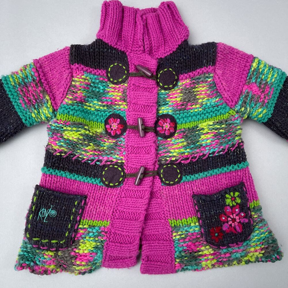 Kenzo Kids Sweater Girls 2A / 86 2T Colorful Knit Cardigan Floral Stripe Toggle